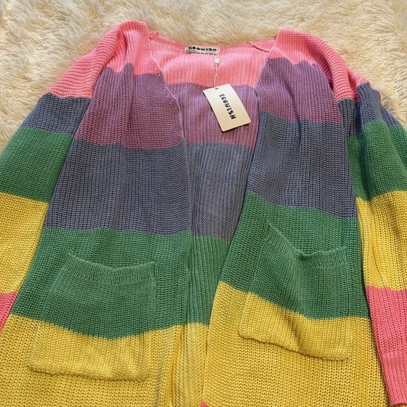ECOWISH Rainbow 🌈 Block Striped Draped Open Front Cardigan L NWT - Picture 8 of 16